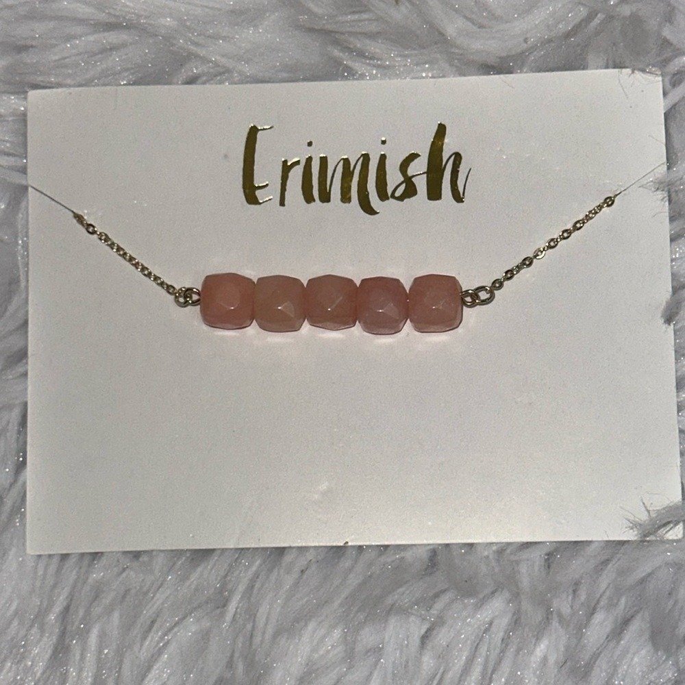 Erimish Peach Stone Cube Bar Necklace Gold Tone Chain Minimalist Boho Jewelry